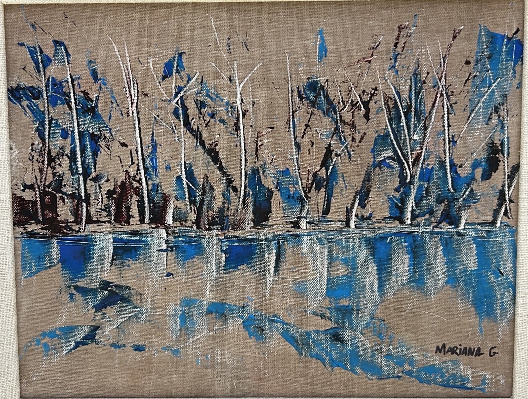 Winter trees reflected in water, painted on raw linen